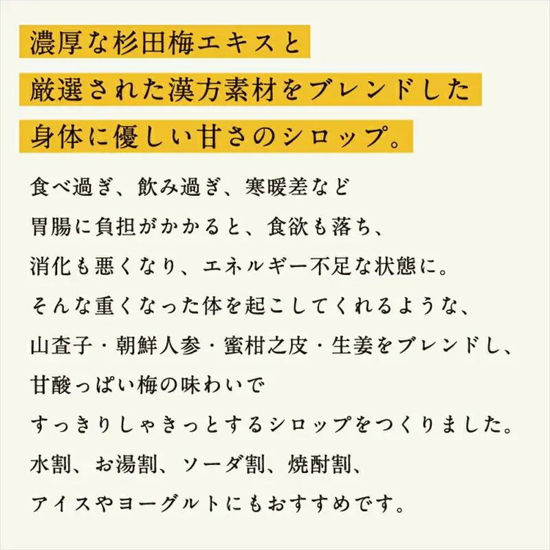 【６本セット】濃厚梅エキスと漢方のシロップ「うめびん（杉田梅） by Kampo Kitchen」【 家庭用 自宅用 贈答品 贈答用 ギフト お取り寄せ お中元 お歳暮 贈り物 お祝い 神奈川県 小田原市 梅 梅】