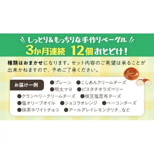 ベーグル 専門店 12個 おすすめ セット 【 3ヶ月 連続定期便 】《 種類おまかせ 》