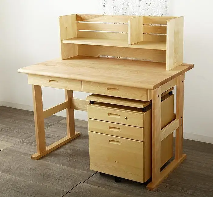 大川家具 ファイン 110cm デスクセット(デスク本体、本立、ワゴン) サクラ(バーチ) 野中木工所