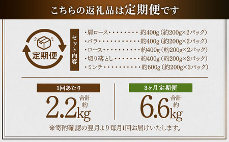 FS-309 【3ヶ月定期便】鹿児島県産黒豚 5種詰合せ(約2.2kg×3回)