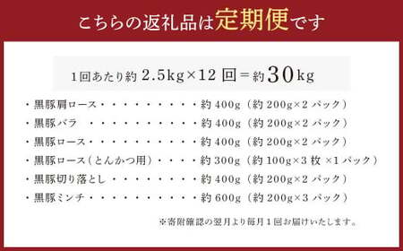 【12ヶ月定期便】鹿児島県産黒豚 6種詰合せ(約2.5kg×12回) 鹿児島 黒豚 ロース 肩ロース バラ 切り落とし とんかつ ミンチ 小分け LS-302