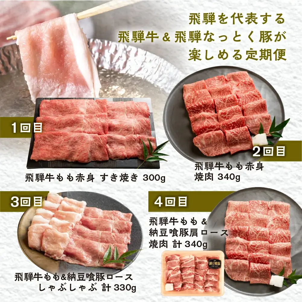 【定期便 4回】 飛騨牛 ＆ なっとく豚 定期便 4回 牛肉 / 豚肉 食べ比べ (焼肉 / すき焼き / しゃぶしゃぶ / 豚しゃぶ) 【tc1】