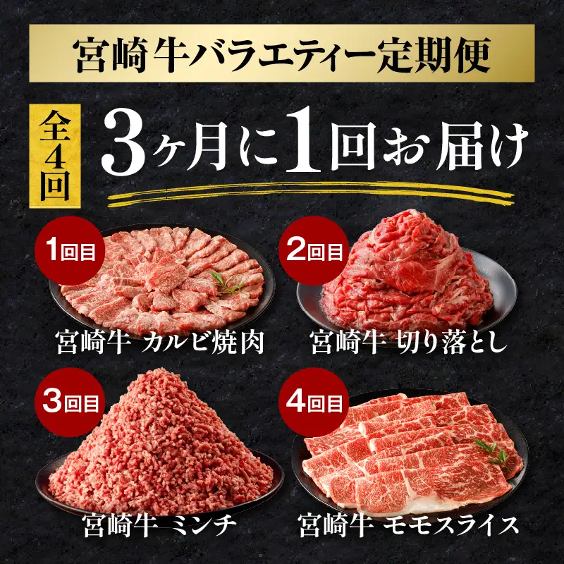 宮崎牛 バラエティー定期便 全4回 カルビ焼肉 切り落とし ミンチ