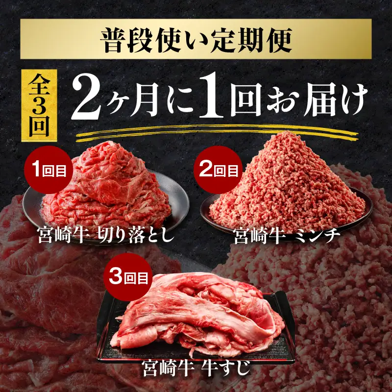 宮崎牛 普段使い定期便 全3回 切り落とし ミンチ 牛すじ