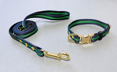 トイプードル及び小型犬用カラー（首輪）＆リード(カラー：紺・緑・紺)【001-016】