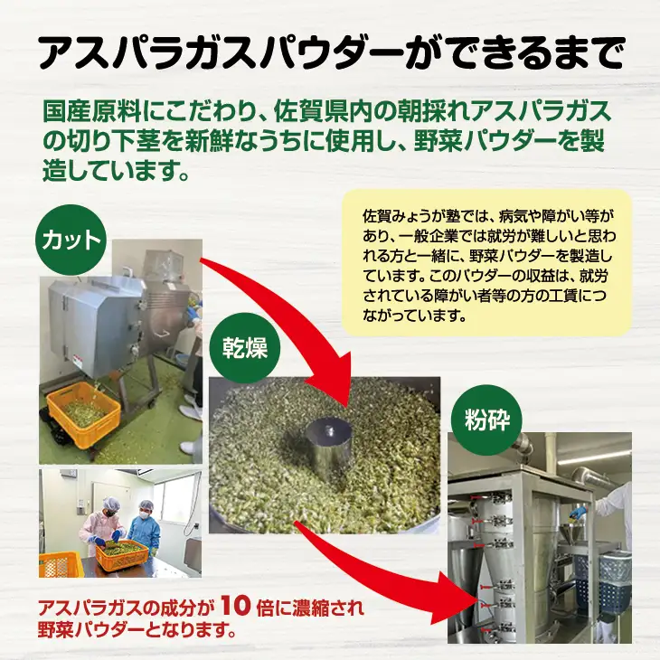 新鮮 朝採れ アスパラガスパウダー100g 通常サイズ 栄養補助 機能性食品 濃縮 葉酸 ビタミン 離乳食 6次化商品 お菓子作り 野菜不足 社会福祉 就労支援 佐賀県 小城市  A080-025