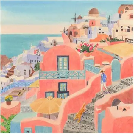 栗乃木ハルミ版画額装品「Santorini」【1334217】