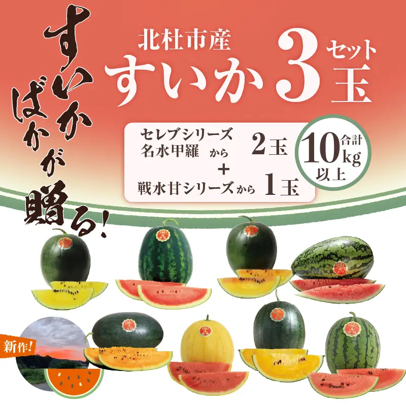 【2026年先行予約】北杜市白州産すいか「すいかばか！」のこだわりの特選すいか セレブシリーズと名水甲羅の中から2玉・戦水甘シリーズ1玉 豪華3玉セット [h047]