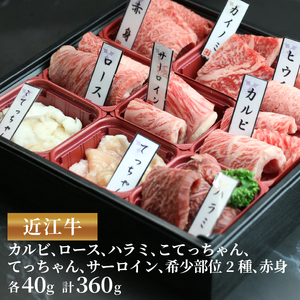 近江牛 焼肉 9種 盛り合わせ 360g 冷凍 ( 近江牛 カルビ ロース ハラミ こてっちゃん てっちゃん サーロイン 希少部位2種 赤身  黒毛 ブランド 近江牛 牛肉 三大 近江牛 近江牛 切り落し 贈り物 ギフト 近江牛 国産 近江牛 滋賀県 