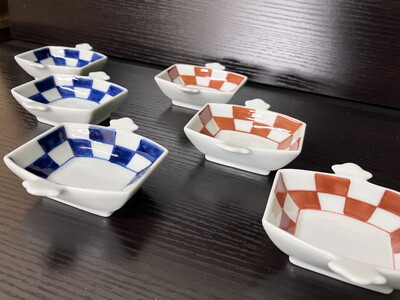 伊万里焼 市松コヅチ豆鉢（青・赤）６個セット 165-H1066