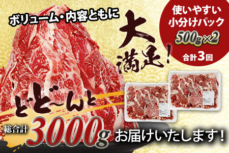 【定期便3回】熊本あか牛 切り落とし 計3Kg (500g×2)×3回 国産 牛肉 冷凍 熊本 熊本県産 あか牛 赤牛 切り落とし 041-0137