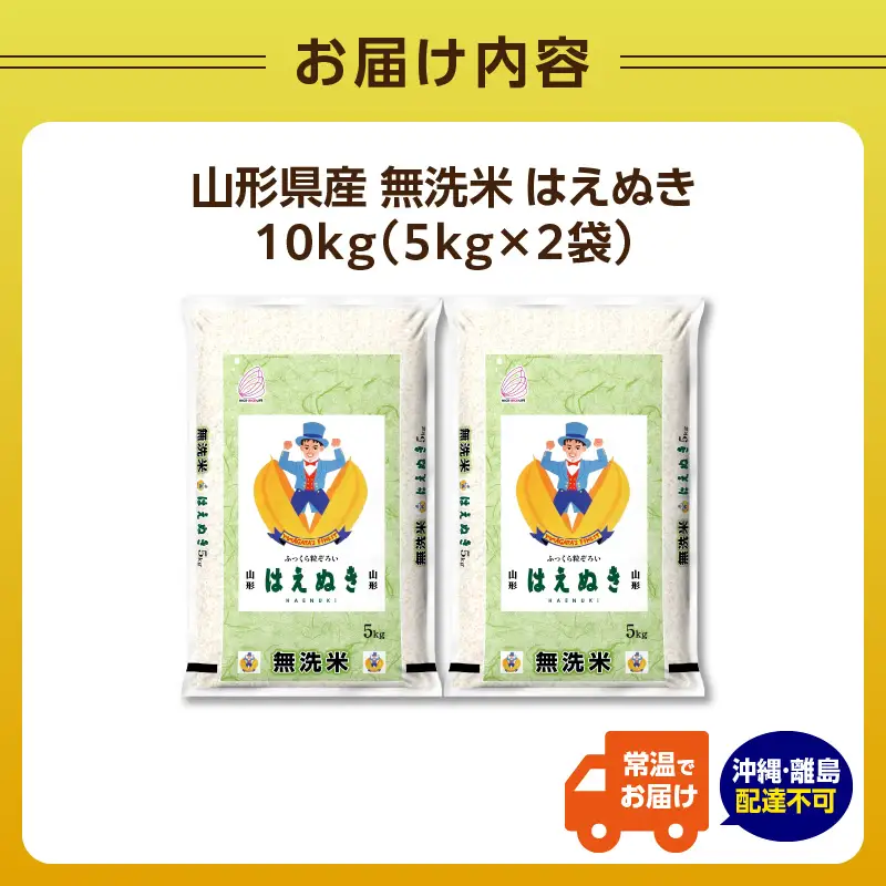 山形県産 無洗米 令和7年産 はえぬき10kg（5kg×2袋）【山形県産 BG精米製法】 036-003