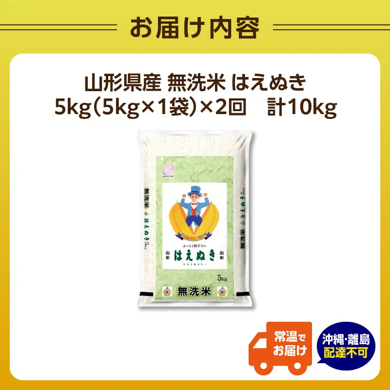 《2ヶ月定期便》山形県産 無洗米 令和7年産 はえぬき 5kg×2ヶ月(計10kg)【山形県産 BG精米製法】【2025年度産米】 036-T01