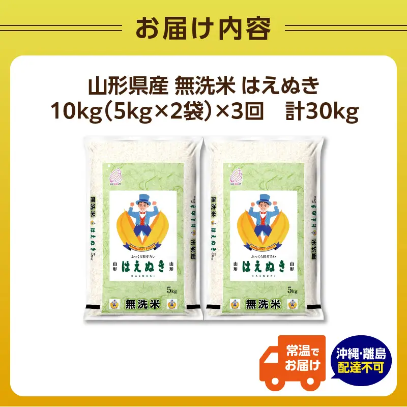 《3ヶ月定期便》山形県産 無洗米 令和7年産 はえぬき 10kg(5kg×2袋)×3ヶ月(計30kg)【山形県産 BG精米製法】 036-T12