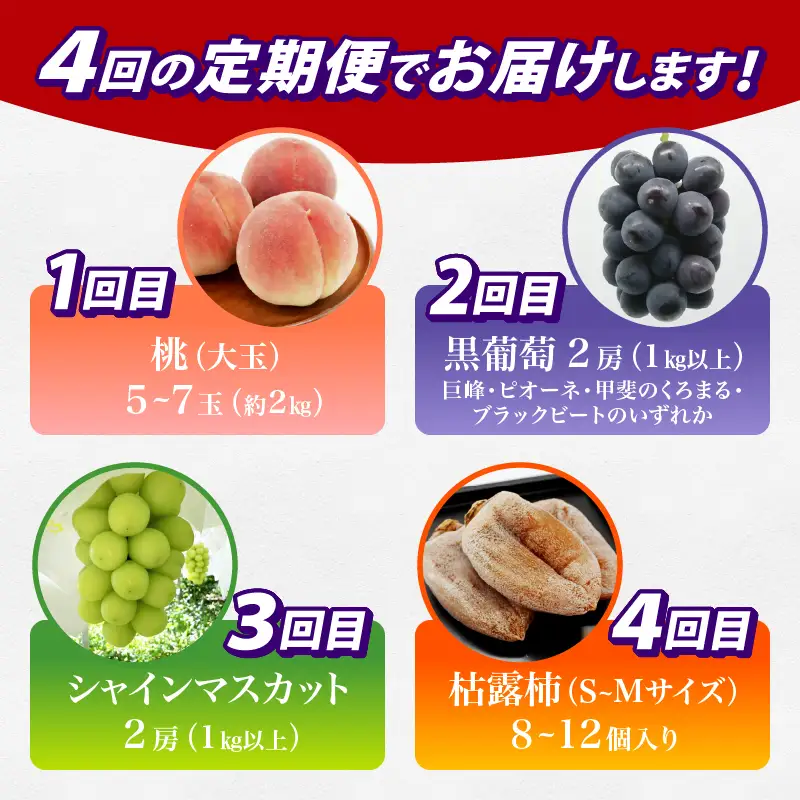 【定期便】甲州の名産品が詰まった厳選フルーツ4回定期便 桃・黒葡萄・シャインマスカット・枯露柿【2026年度発送】（IS）E-465 桃 黒葡萄 シャインマスカット フルーツ