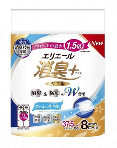 0019-10-05 エリエール 消臭＋ トイレットティシュー しっかり香るフレッシュクリアの香り コンパクトダブル 8ロール×8パック 64ロール　1.5倍巻 37.5m トイレットペーパー ダブル パルプ100％ 消臭 防臭 日用品 消耗品 備蓄