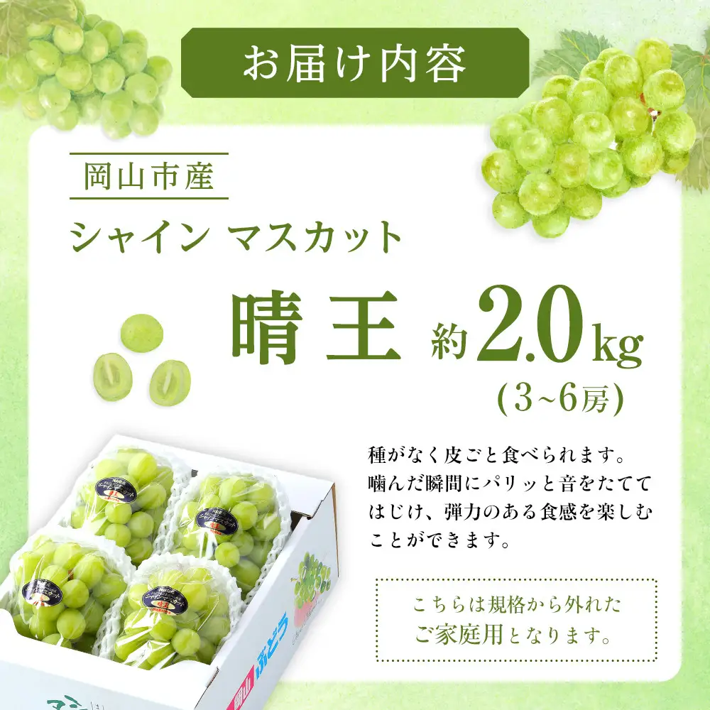 ぶどう 2026年  ご家庭用 シャインマスカット 晴王 3～6房 約2kg 葡萄  岡山県産 国産 フルーツ 果物 | シャインマスカット
