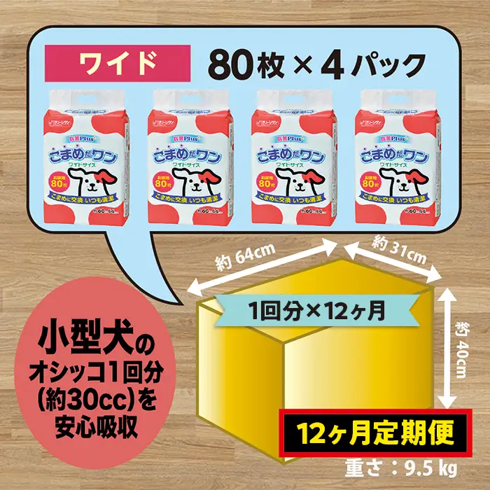 448【12ヶ月連続お届け】定期便 12回 ペットシート こまめだワン ワイド 80枚×4袋 クリーンワン ペットシーツ 犬用 抗菌 こまめに交換 いつも清潔