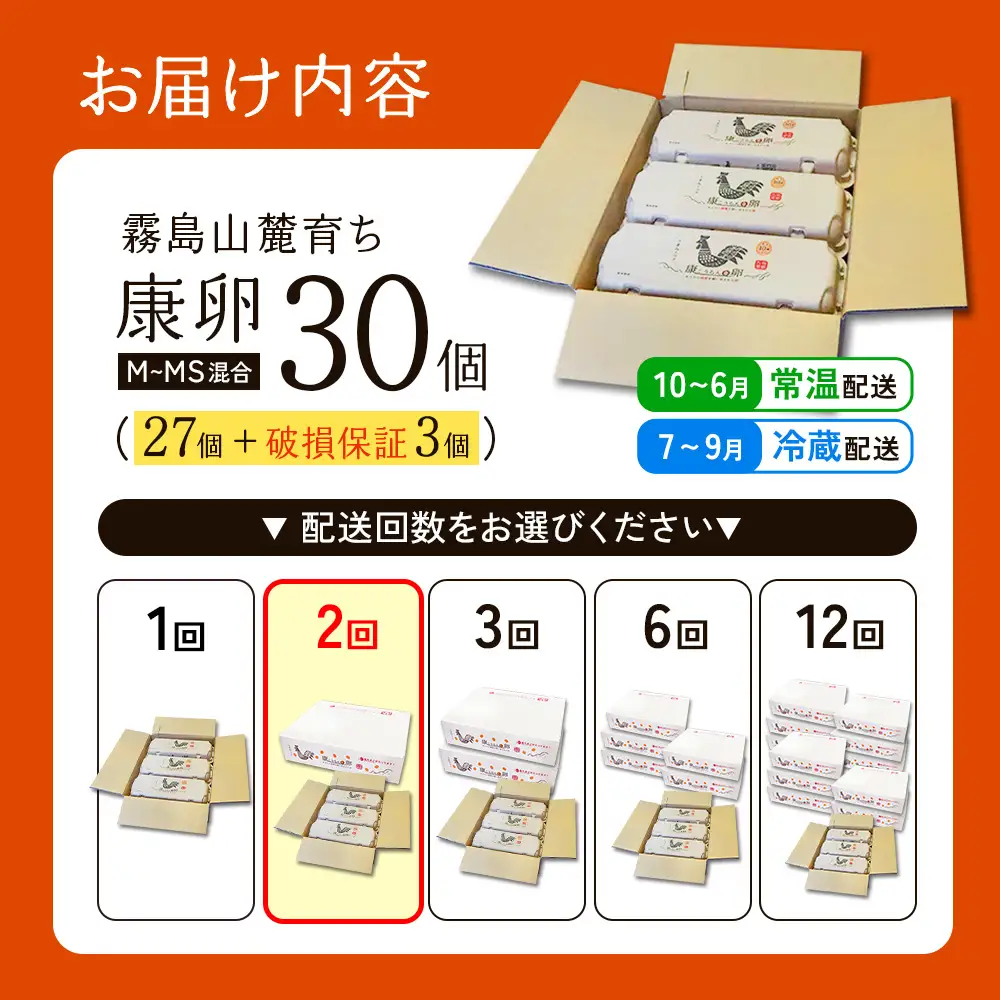 【2回定期便】霧島山麓育ち こだわり卵 康卵 たまご 生卵 鶏卵 30個入り 破損保証 3個含む TKG たまごかけごはん 卵かけご飯 卵かけごはん 玉子焼き 卵焼き ゆで卵 宮崎県産 九州産 送料無料