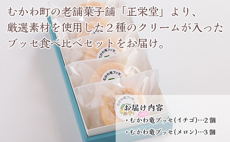 北海道むかわ町 むかわ竜ブッセ イチゴクリーム(2個)&メロンクリーム(3個)計5個 食べ比べセット MKWQ002