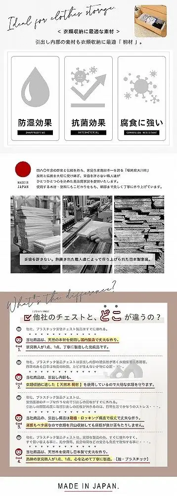 74幅3段 チェスト ナチュラル ベージュ 衣類 収納 チェスト タンス たんす 桐材 天然木 国産 大川家具 完成品 大容量