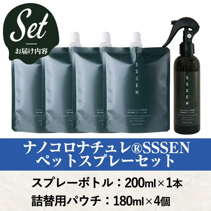 ナノコロナチュレRSSSENペットスプレーセット(ボトル200ml×1、詰替用パウチ180ml×4)　ペット　ペット用スプレー　詰め替え用ペットスプレーセット　天然成分でペットに直接スプレーしても安心！【00-113-06】