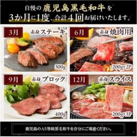 【発送月固定定期便】A5等級 鹿児島黒毛和牛 赤身牛肉 定期便(南九州市)全4回【配送不可地域：離島】【4081551】