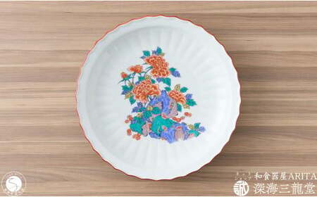錦色絵岩牡丹9寸皿 / 深海三龍堂 有田焼 陶磁器 和食器 赤絵 盛皿 菓子鉢 飾り皿 柿右衛門様式 柿右衛門風 赤 ぼたん 花 ギフト A24-87