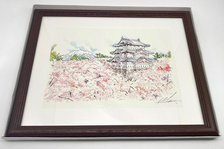 弘前城と岩木山の複製画イラスト1枚（額縁付き）