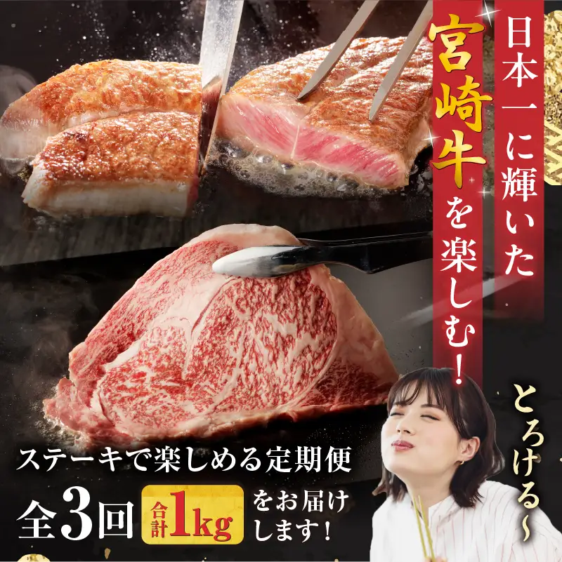 【定期便全3回】宮崎牛ステーキ食べ比べコース 宮崎牛 肉 和牛 牛肉 ヒレ ミスジ サーロイン ステーキ