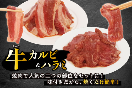 訳あり 味付け 牛 ハラミ ＆ カルビ セット 計 1.6kg （ 各 400g × 2パック ） 不揃い 日高昆布 使用 特製タレ漬 牛肉 はらみ かるび 焼肉 バーベキュー 冷凍 北海道 新ひだか町