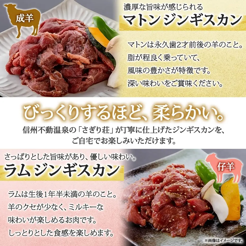 長野県 不動温泉 さぎり荘 謹製 ジンギスカン 3種 食べ比べ セット マトン ラム 各250g×1袋 計500g サフォーク入り特製ソーセージ 3本 計194g 羊 肉 産地直送 送料無料 長野市 |ジンギスカン 