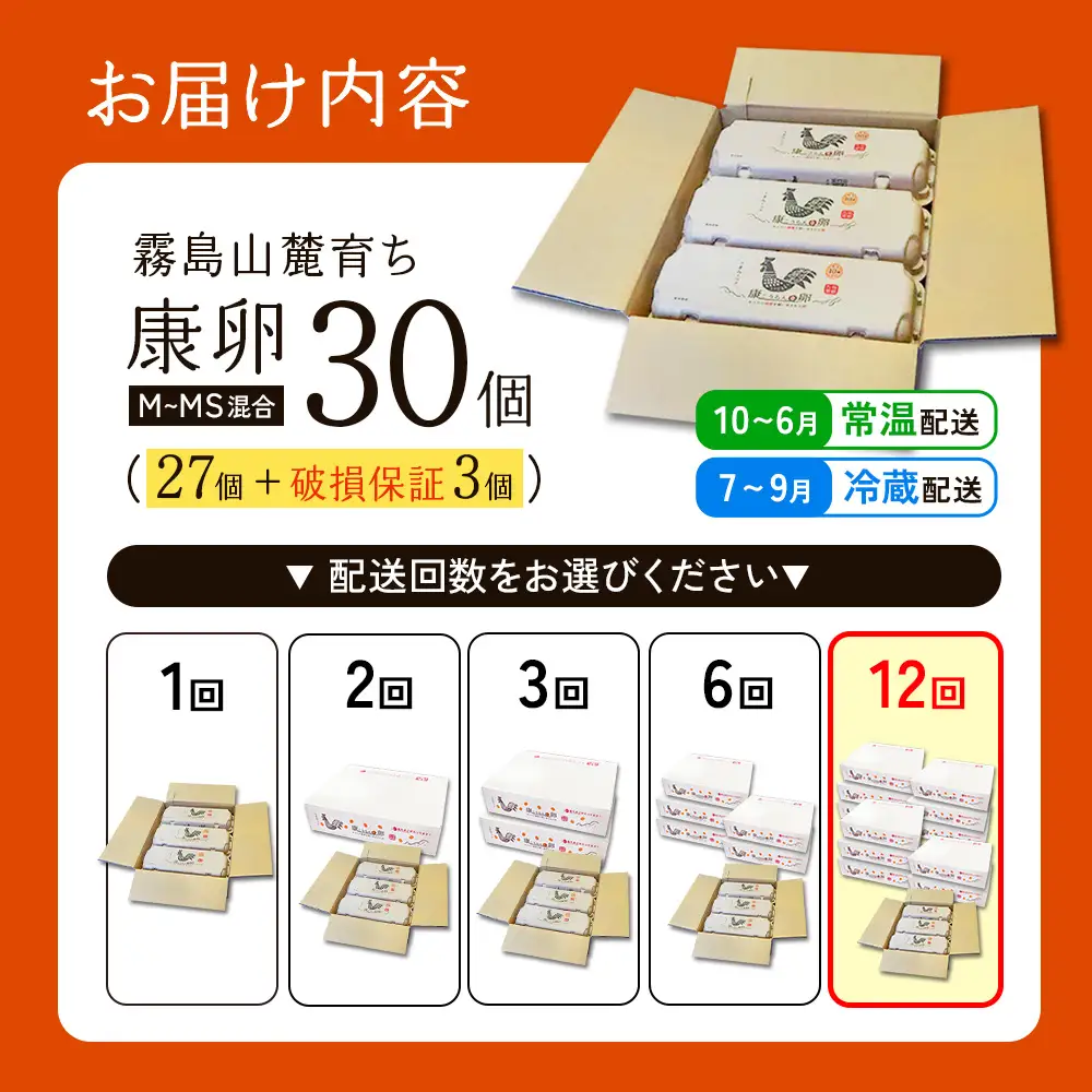卵【12回定期便】霧島山麓育ち こだわり卵 康卵 計 30個（27個 + 割れ保証 3個）12回 計 360個（324個 + 割れ保証 36個）たまご 玉子 卵焼き 玉子焼き たまご焼き 生卵 鶏卵 たまごかけごはん 国産 九州産 宮崎県産 送料無料