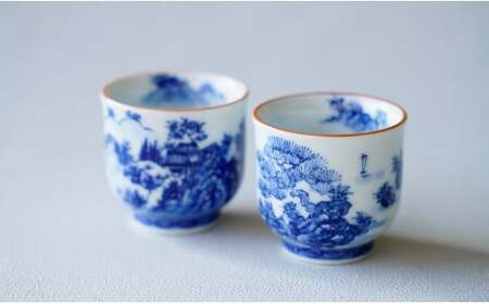 有田焼 手描き 山水絵 ぐい呑み 絵変り 2個セット【起山窯】食器 器 うつわ 酒器 ぐい呑み おちょこ セット ペア 電子レンジ対応 A30-644