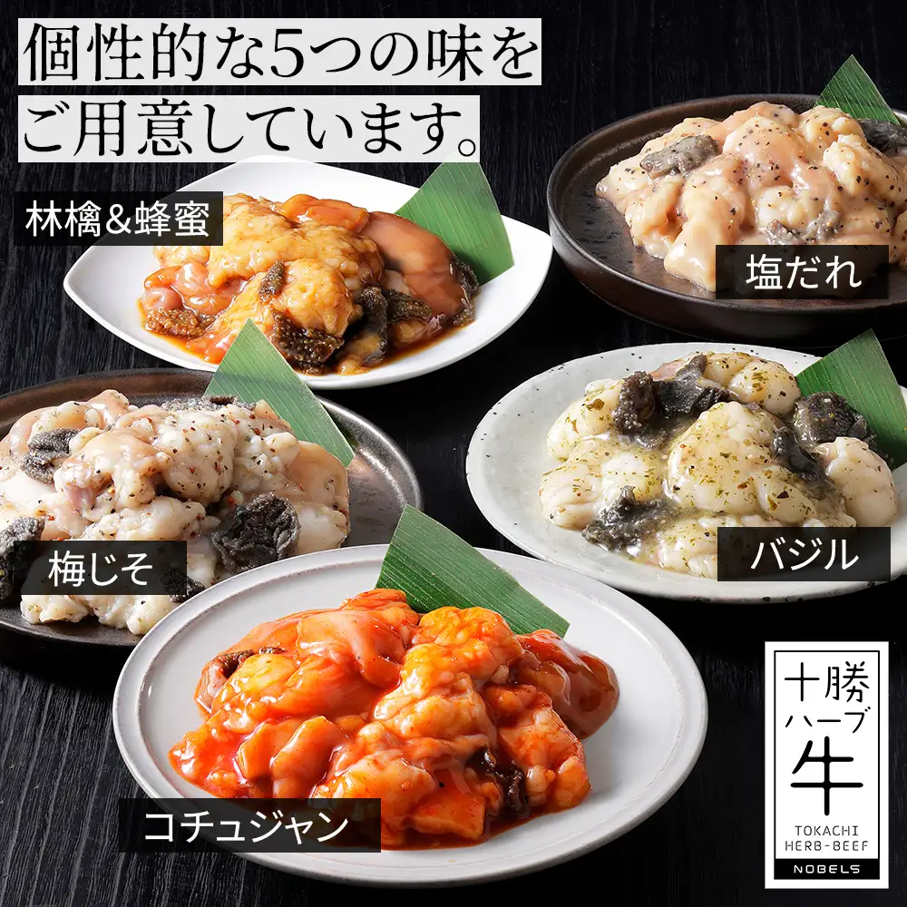 十勝ハーブ牛 国産 ホルモン ミックス 計1kg 味付き 小分け 個包装 200g×5種 ぷるぷる とろとろ 国産 北海道 牛 肉 牛肉 焼肉 キャンプ アウトドア バーベキュー BBQ 冷凍