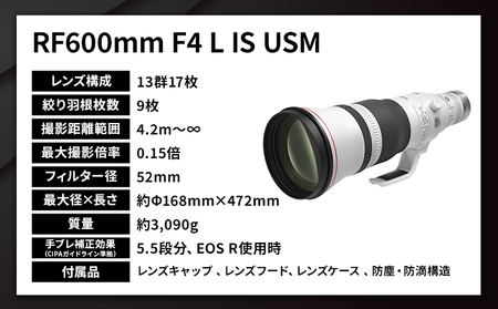 キヤノン RF600mm F4L IS USM 〈Lレンズ〉〈蛍石搭載〉《180日以内に出荷予定(土日祝除く)》 Canon 茨城県 結城市 カメラレンズ