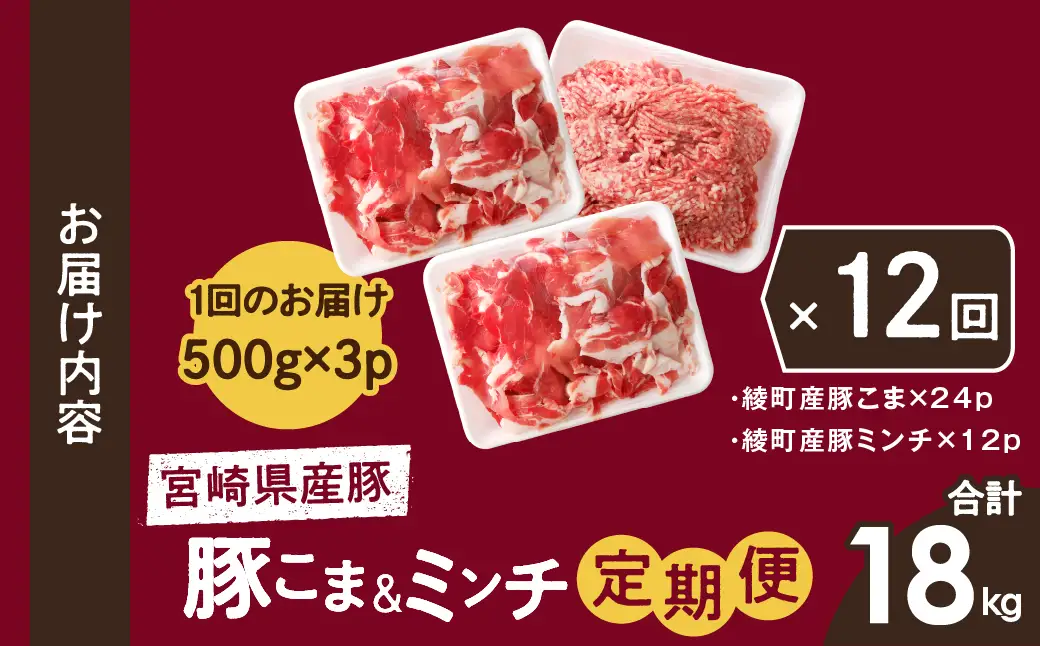 綾町産 豚こま＆ミンチ1.5kg【全12回定期便】_0023-011
