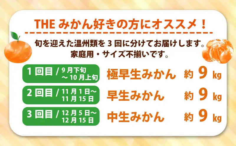 愛媛みかん 旬の みかん 定期便 3回 家庭用 9kg ×3回 極早生 早生 中生 兵頭農園 先行予約 温州 ごくわせ わせ なかて 3ヶ月 mikan 愛媛ミカン 愛媛蜜柑 果物 くだもの フルーツ 柑橘 甘い ジューシー 果肉 蜜柑 産地直送 農家直送 数量限定 国産 愛媛 宇和島 B036-055006