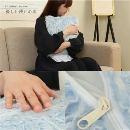 かわいいフェイクファークッション ブルー カバーチャック付  正方形 無地 北欧_雑貨   _【1519450】