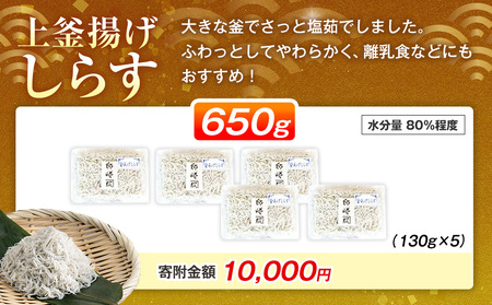 釜揚げ しらす プレミアム 650g (130g × 5パック) 小分け 減塩 無添加 無着色 冷凍 愛知県 南知多町 ご飯 ごはん 丼 料理 シラス 国産 カネ成 人気 おすすめ