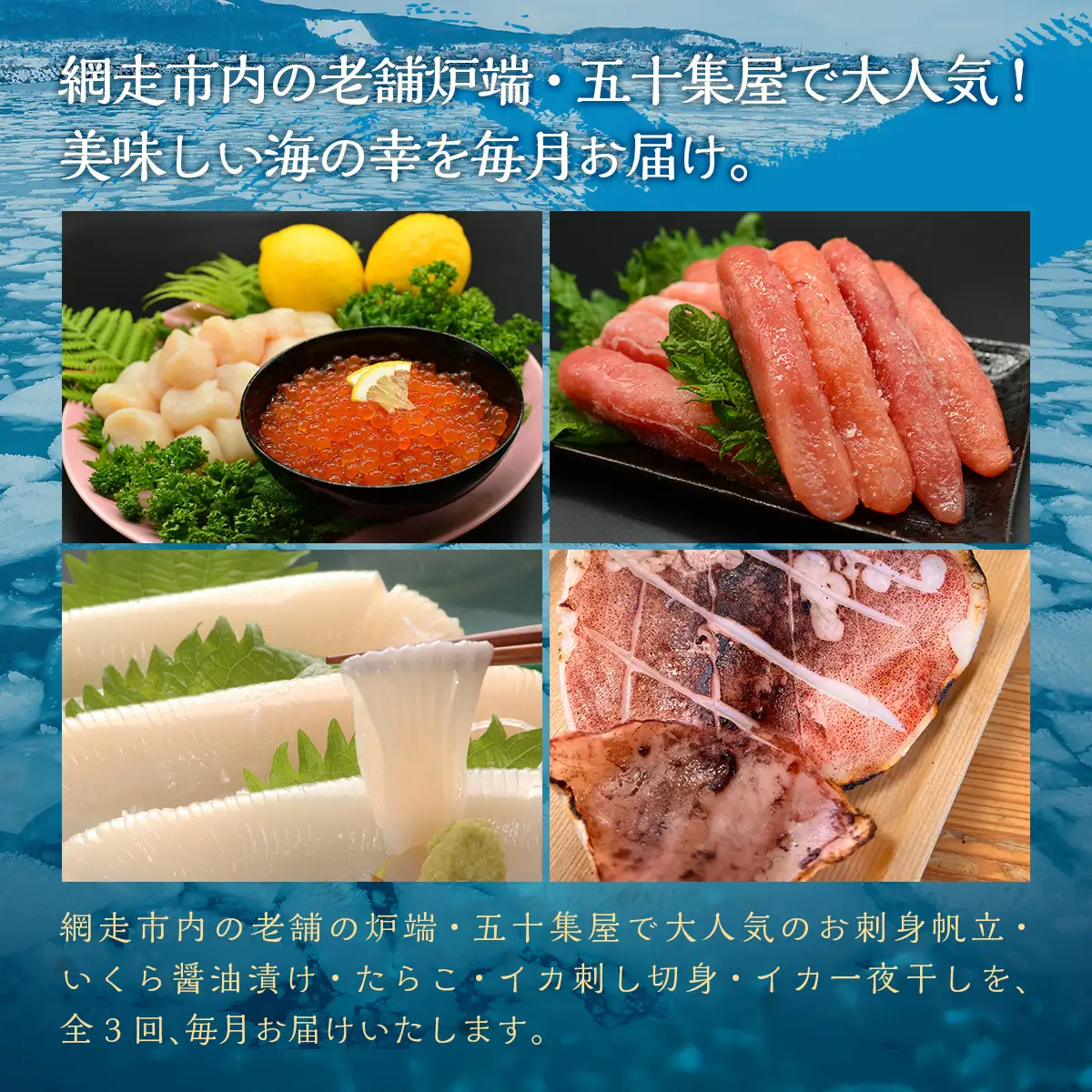 【毎月定期便】網走炉端五十集屋の酒の友達定期便(ほたて・いくら・たらこ、イカ刺身、イカ一夜干)全3回 ABAO090