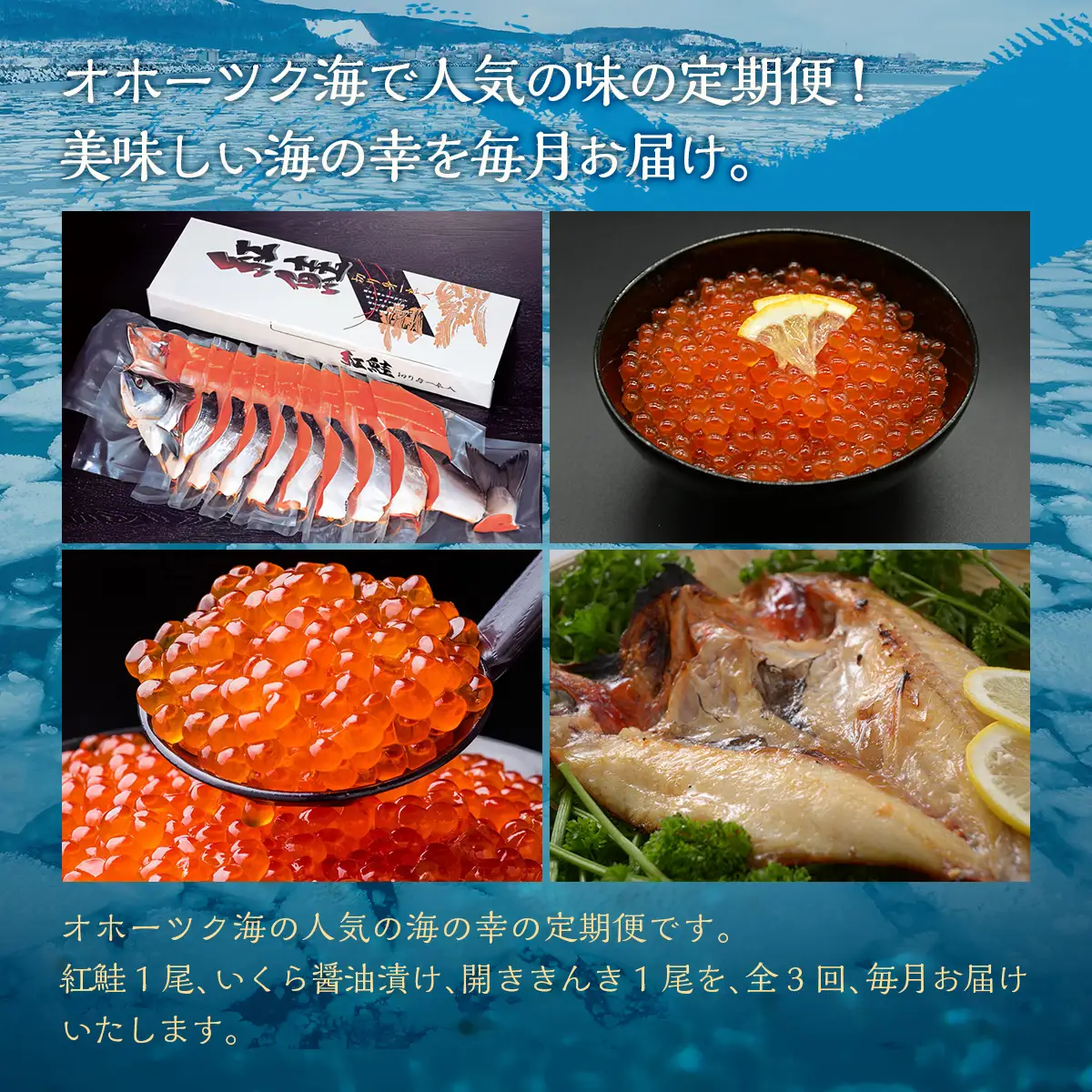 【毎月定期便】オホーツク海の人気の紅鮭1尾、いくら醤油漬け、開ききんき1尾の定期便全3回 ABAO091