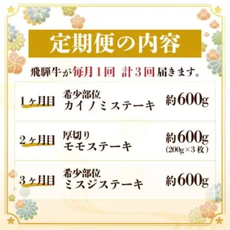 【毎月定期便】飛騨牛ステーキ定期便　計約1.8kg【冷蔵便】全3回_肉 ステーキ 牛肉 ビーフステーキ  定期便 定期便  _【配送不可地域：離島】【4055331】