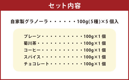 自家製グラノーラ 5種 詰め合わせ 100g×5個入り 計500g グラノーラ プレーン 菊川茶 コーヒー スパイス チョコレート オートミール シリアル 朝食 おやつ お菓子 スイーツ セット