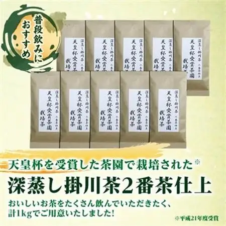 【新茶先行受付】天皇杯受賞茶園栽培茶2番茶仕上　深蒸し掛川茶100g×10袋【配送不可地域：離島・沖縄県】【1303841】