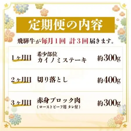 【毎月定期便】飛騨牛 少なめ定期便 計1kg【冷蔵便】全3回 赤身ステーキ 切り落とし 赤身ブロック_肉 ステーキ 牛肉 ビーフステーキ  肉  牛肉   定期便 定期便  _【配送不可地域：離島】【4055497】