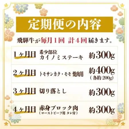【毎月定期便】飛騨牛 少なめ定期便 計1.3kg 全4回 ステーキ 焼肉 切り落とし 赤身ブロック肉_肉 ステーキ 牛肉 ビーフステーキ  肉 焼肉 牛肉 やきにく ヤキニク バーベキュー  肉  牛肉   定期便 定期便  _【配送不可地域：離島】【4055499】
