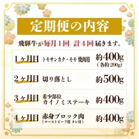 【毎月定期便】飛騨牛 定期便 計1.7kg【冷蔵便】A4～A5 バーベキュー ローストビーフ 全4回_肉 ステーキ 牛肉 ビーフステーキ  肉 焼肉 牛肉 やきにく ヤキニク バーベキュー  肉  牛肉   定期便 定期便  _【配送不可地域：離島】【4055506】