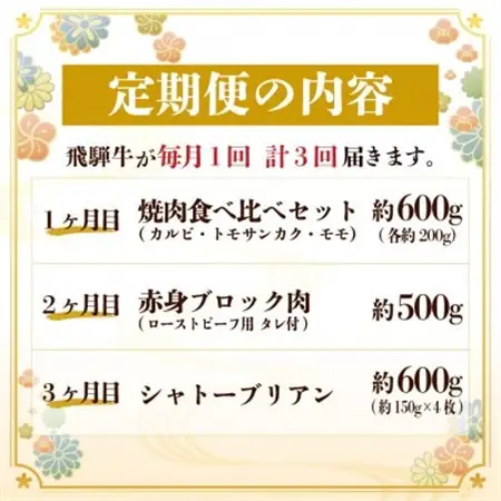 【毎月定期便】飛騨牛 極定期便 計1.7kg【冷蔵便】A4～A5等級 シャトーブリアンほか 全3回_肉 ステーキ 牛肉 ビーフステーキ  肉 焼肉 牛肉 やきにく ヤキニク バーベキュー  定期便 定期便  _【配送不可地域：離島】【4055508】