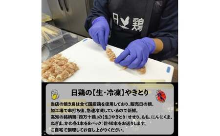【ふるさと納税】【生・冷凍】四万十鶏のやきとり 計40本 国産鶏 焼き鳥 焼鳥串 5種（せせり もも にんにくま ねぎま かわ 各1本）5本1袋 ×8パック 銘柄鶏 タレ・塩付 BBQ 焼いてない ソロキャン 串もの ヤキトリ 日鶏 hidori